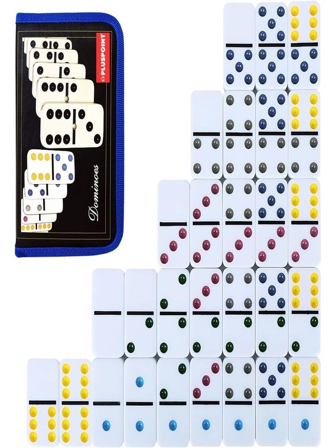 بلس بوينت مجموعة دومينو بلس بوينت دبل سيكس، 28 قطعة دومينو بنقاط ملونة مع حقيبة، لعبة دومينو عائلية كلاسيكية للأطفال والكبار والعائلات من 2 إلى 4 لاعبين (نقاط ملونة) - Image 1